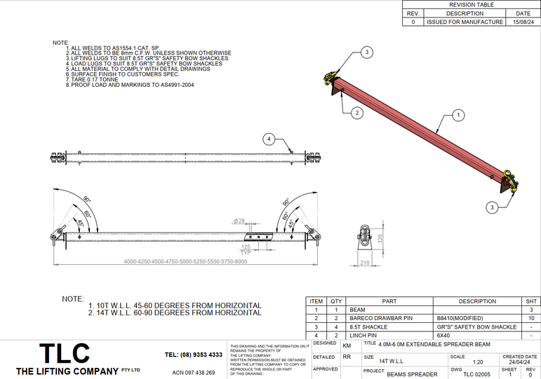 14T 4-6m Extendable Spreader Beam