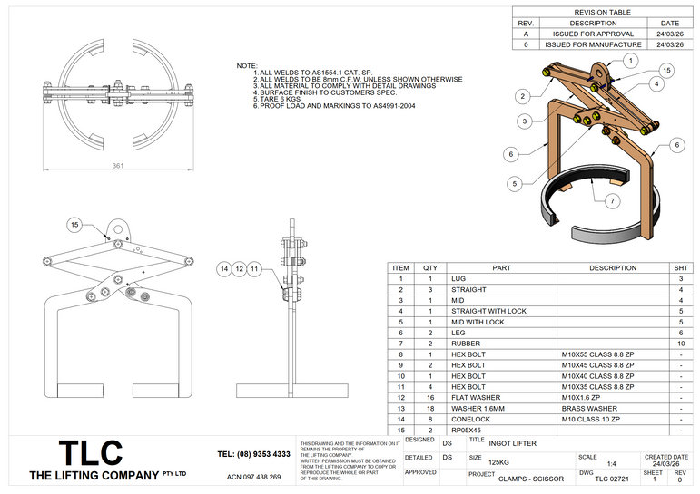 125KG Ingot Lifter Scissor Clamp TLC