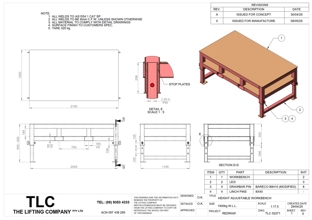 1t extendable height workbench